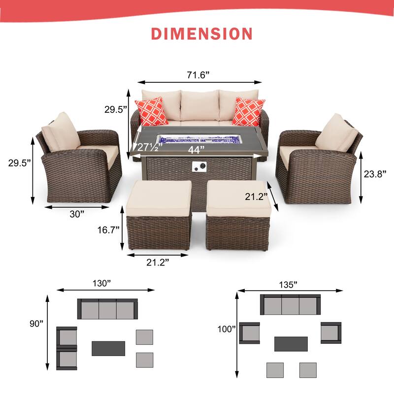 6-Piece Rattan Patio Set with Fire Pit Table, Outdoor Conversation Set with Cushions, Weather-Resistant Sofa Sectional