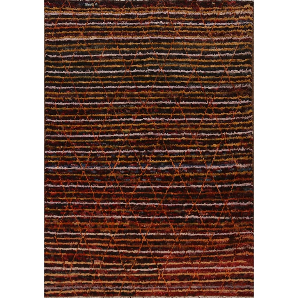 Striped Trellis Moroccan Oriental Rug Hand-Knotted Wool Carpet - 4'7" x 6'4"