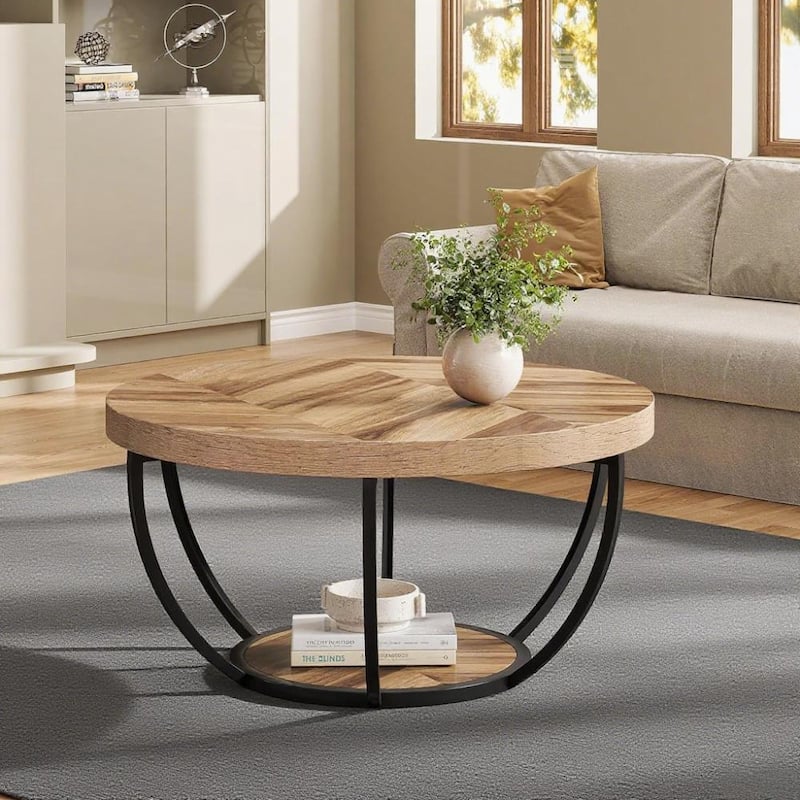 Engineered Wood Round Coffee Table with 2-Tier Metal Base - 31.69" L x 31.69" W x 17.32" H