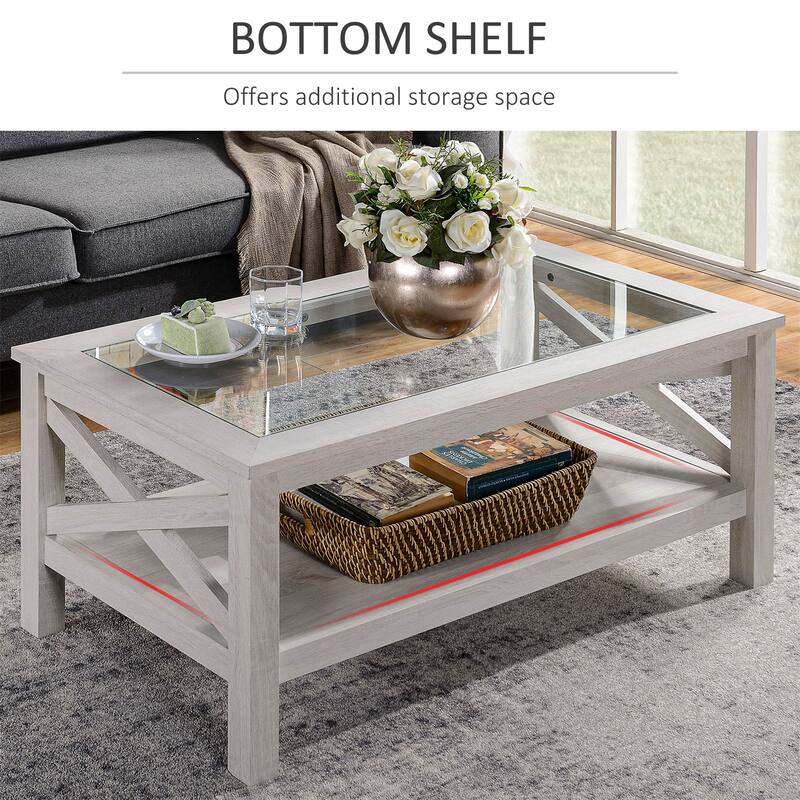 Coffee Table with Wood Frame, Tempered Glass Tabletop, Storage Shelf