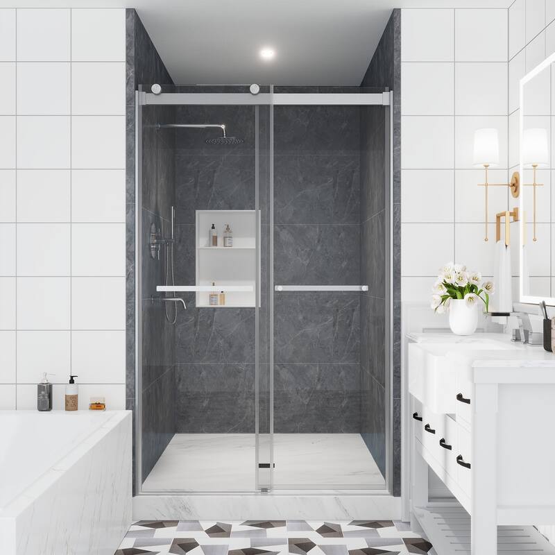 CASAINC 48"/60"W x 76"H Double Sliding Frameless Shower Door with Clear Glass - 48" x 76" - Brushed nickel