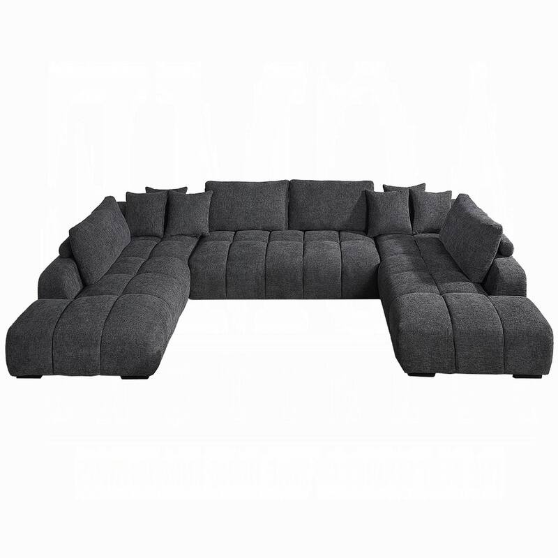 Cloe U Sectional Sofa, 3 Accent Pillows, Gray Linen Fabric, 149 Inch