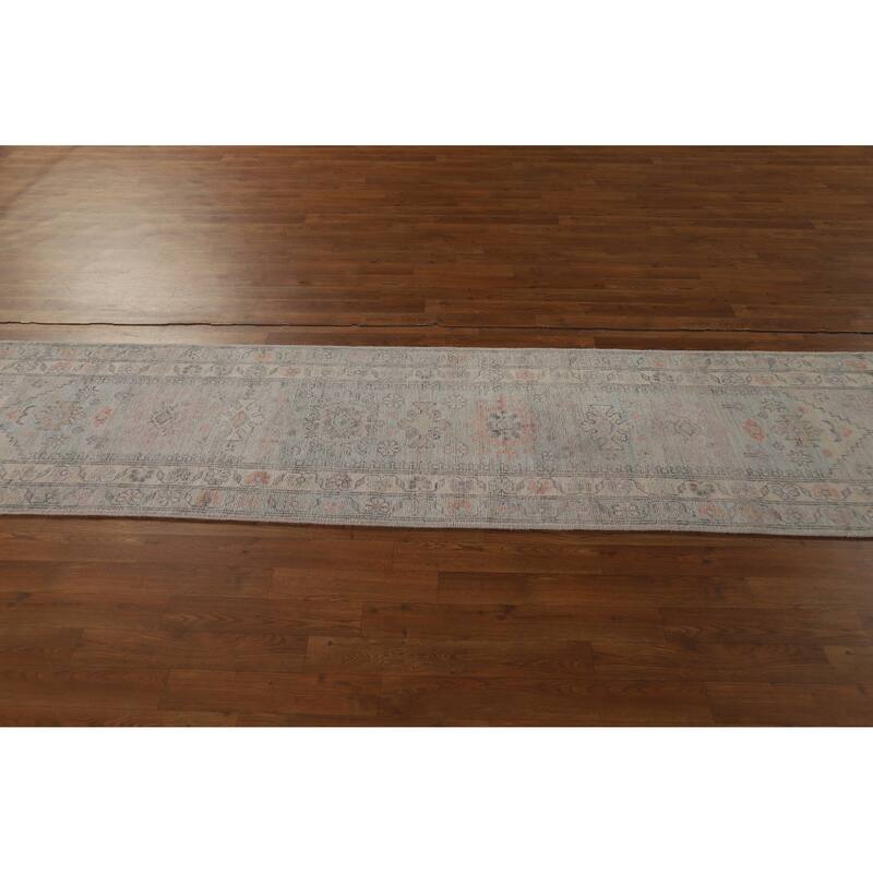 Hand Knotted Oriental 100% Wool Carpet Transitional Geometric Navy Blue & Blues Oushak Runner Rug - 9' 4'' X 2' 4''