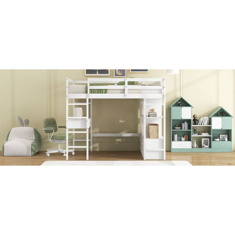 Roomfitters Full Size Loft Bed with Built-In Desk, 4 Drawers and Storage Shelves, White