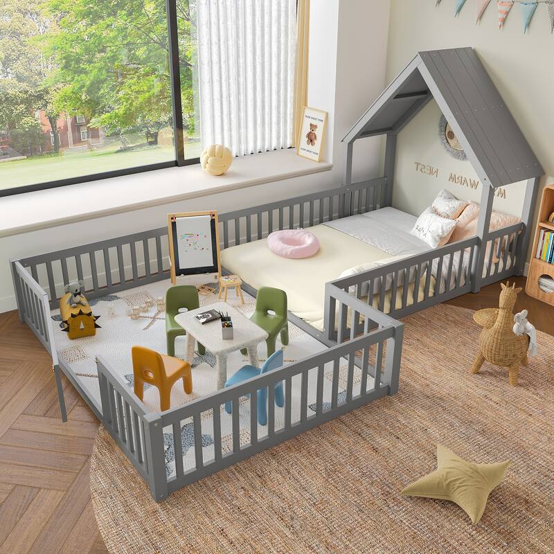 Montessori Floor Bed for Toddler Kids, L Shape House Bed with Door and Guardrails, Double Bed Frame Design for Sleeping and Play - Grey - Full