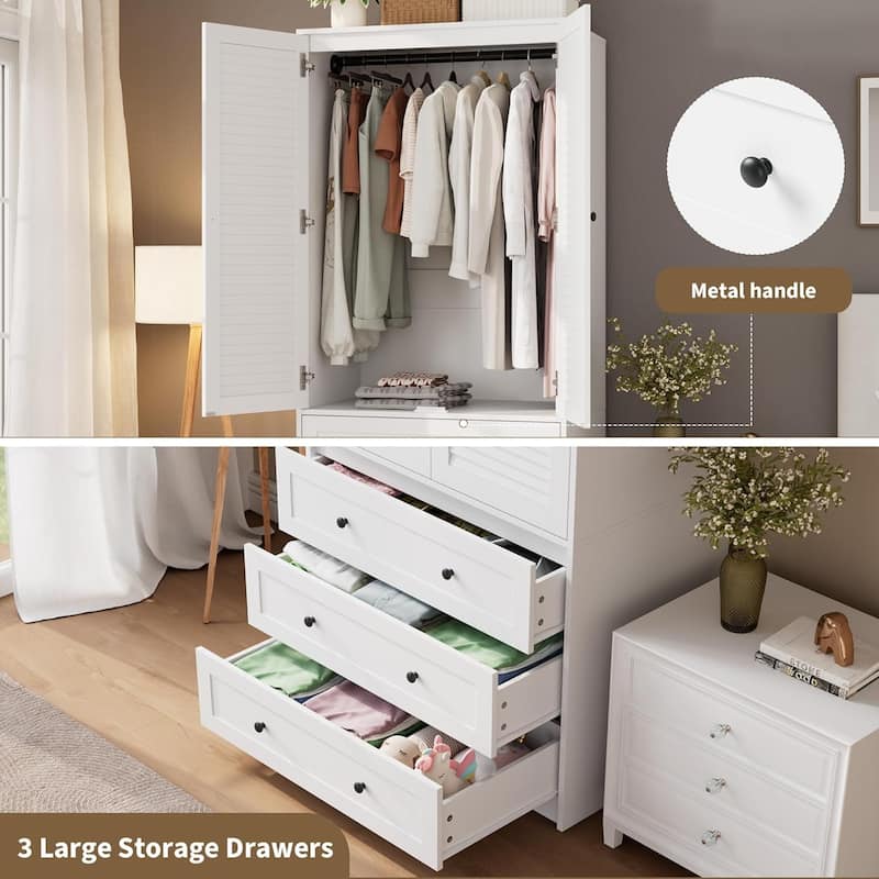 Garvee Louvered Door Armoire Wardrobe Closet with Drawers, 69.5" Wooden Wardrobe Cabinet with Hanging Rod