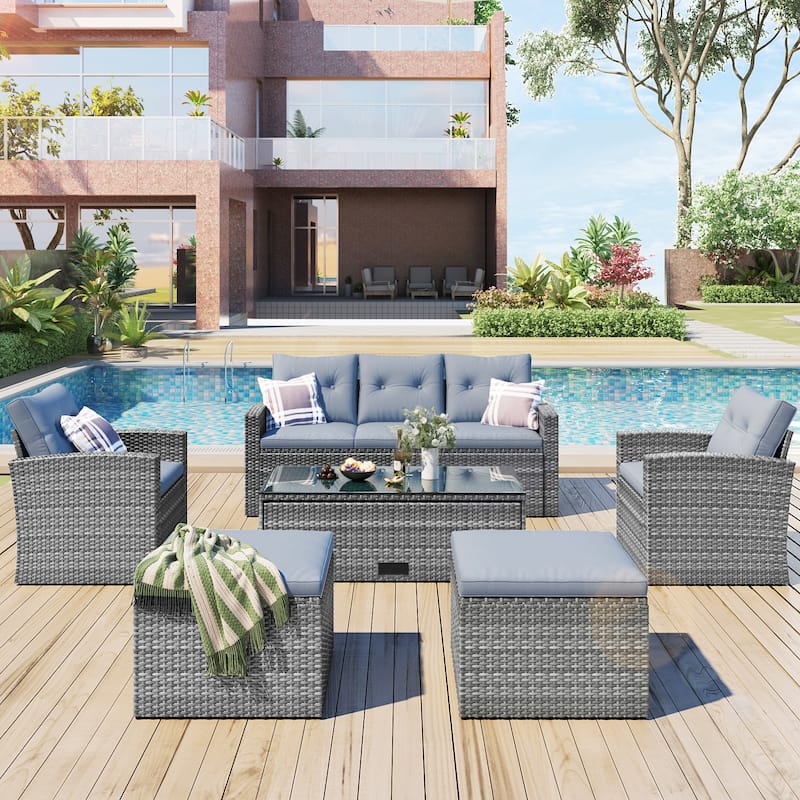 6-Piece All-Weather Wicker PE Rattan Conversation Sectional Set with Coffee Table