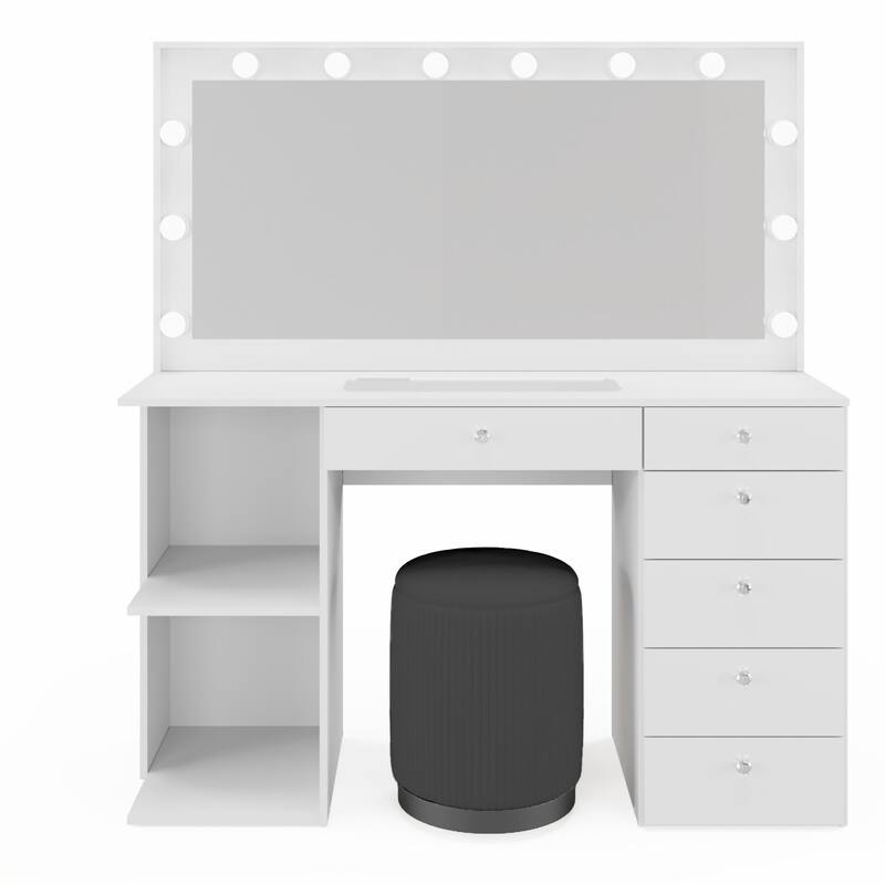 Makeup Vanity Desk w/ Free Black Storage Ottoman, 12 LED Bulbs Mirror, 6 Drawers, Glass Top, Crystal Knobs, USB, 110V Outlet