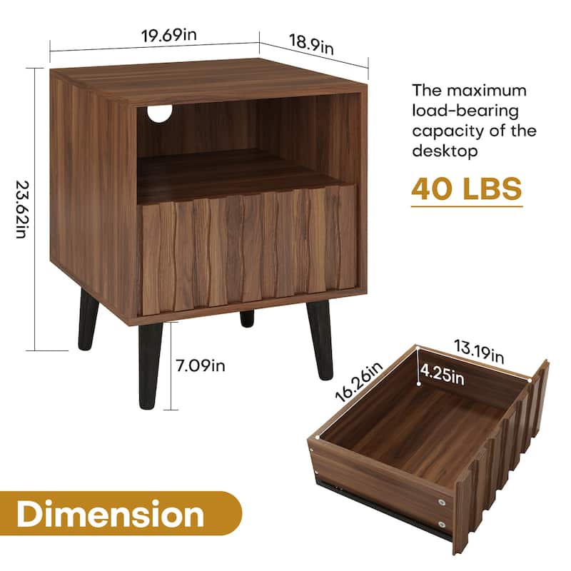 Mid-Century Modern Nightstand, Fluted End Table Drawer & Open Storage