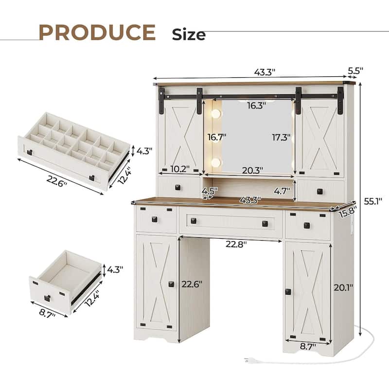 Makeup Vanity Desk with Large Hollywood Mirrors and Lights Bulb