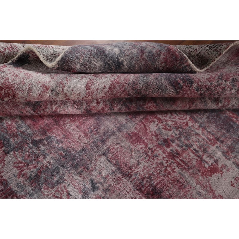 All-Over Red Gray Abstract Indian Area Rug Hand-Knotted Wool Carpet - 7'11"x 9'9"