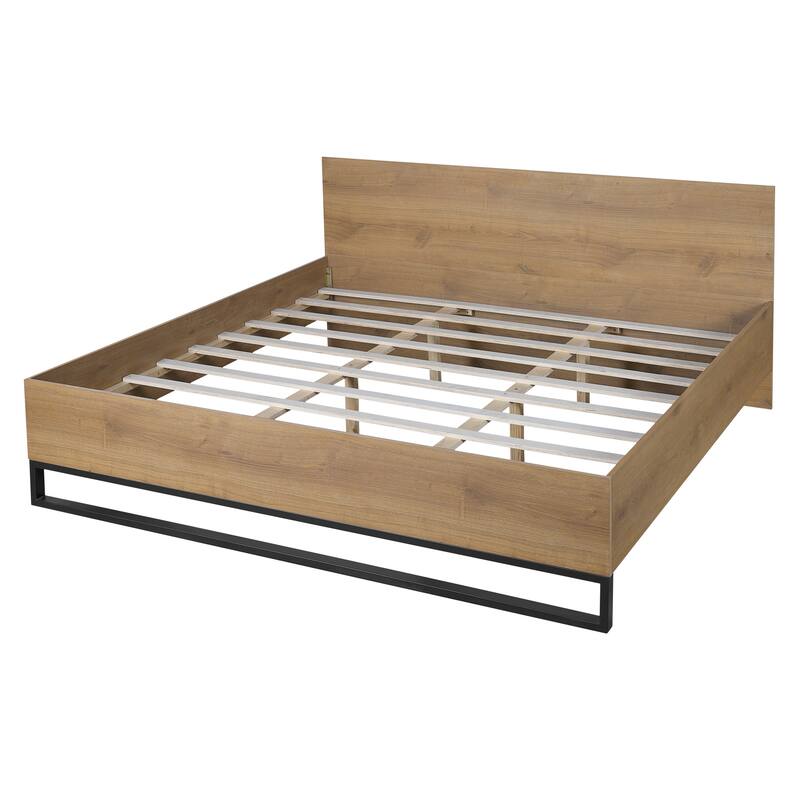 Solid Wood Rustic Platform Bed with Headboard, Wooden and Metal Bed Frame, Wood Slats Support, No Box Spring Needed