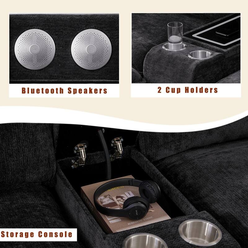 Modular Sectional Sofa, U Shaped Couch with 2 Ottomans, Storage Console & Wireless Charging, 2 Cup Holders, Bluetooth Speakers