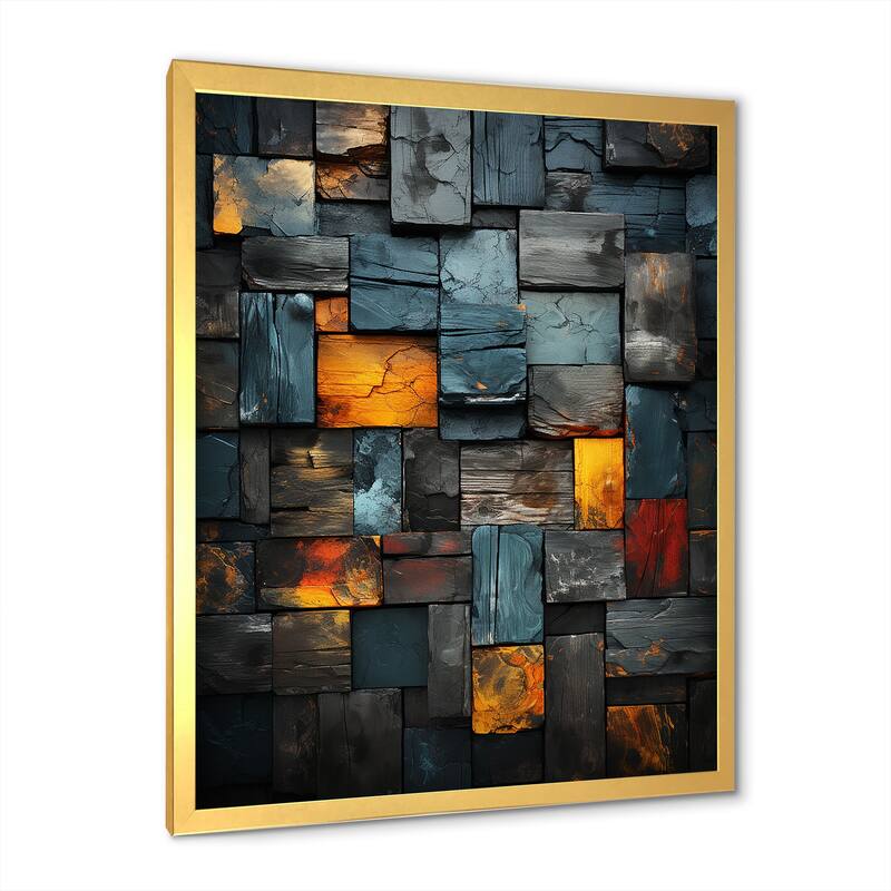 Designart "Grunge Gold Cubes Abstract Geometric VII" Abstract Tile Wall Decor Gold Modern Living Room Framed Canvas Art
