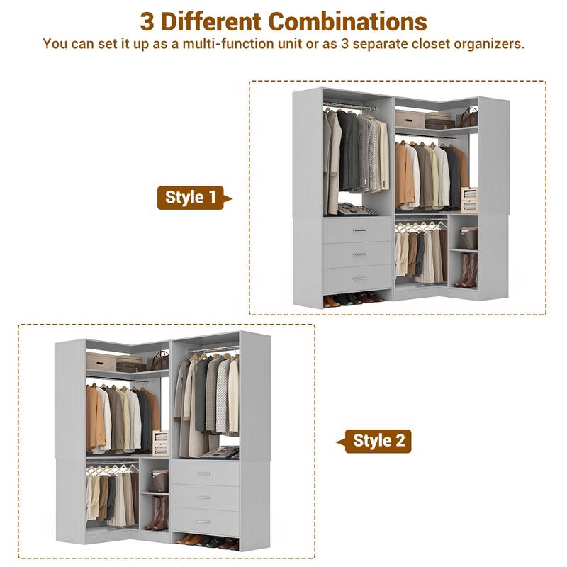 Set of 2 Freestanding Corner Closet Organizer with Drawers, Walk-in Closet System with Hanging Rods