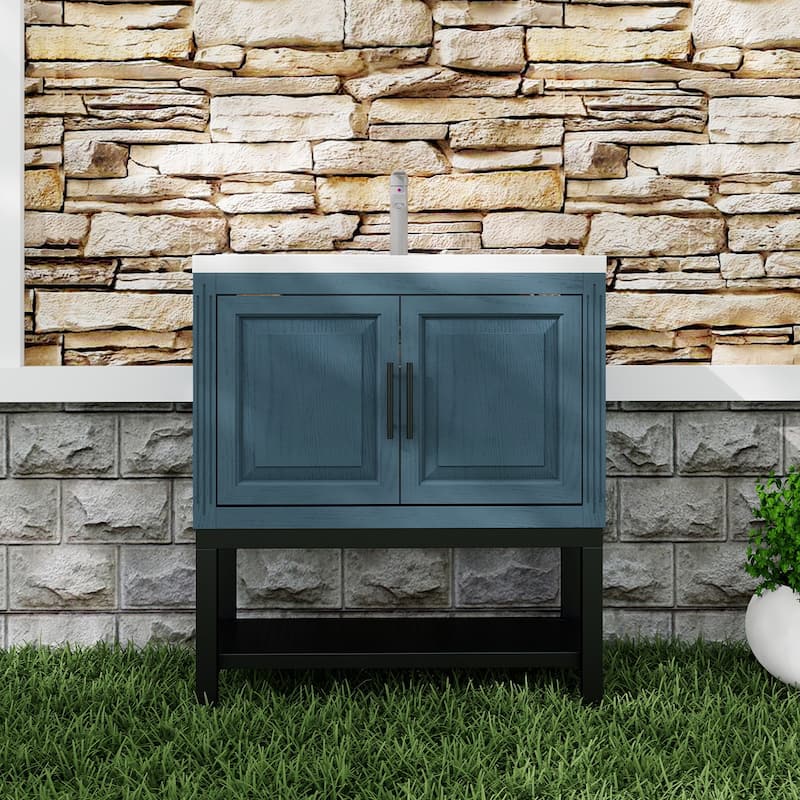 Roomfitters 32" Bathroom Vanity with Ceramic Sink, Freestanding Bathroom Cabinet with Storage & Open Shelf