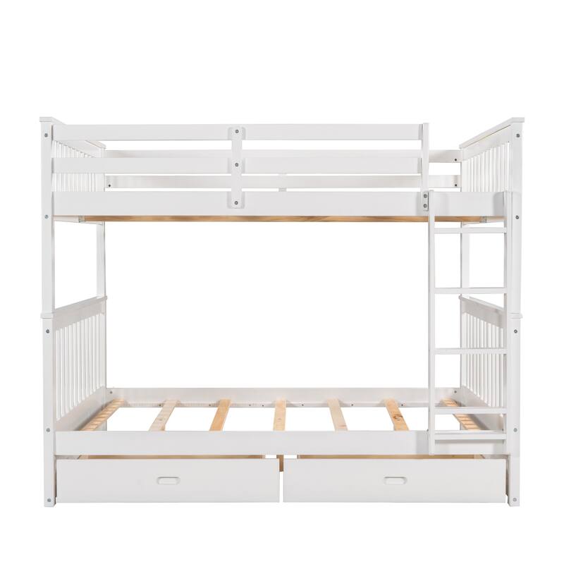Full-Over-Full Bunk Bed with Ladders and Two Storage Drawers in White