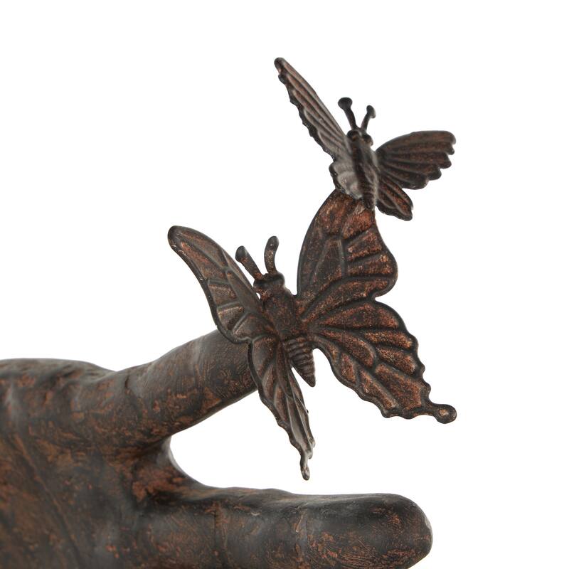 Dark Brown Polystone Sign Hands Decorative Sculpture with Butterrfly Accents