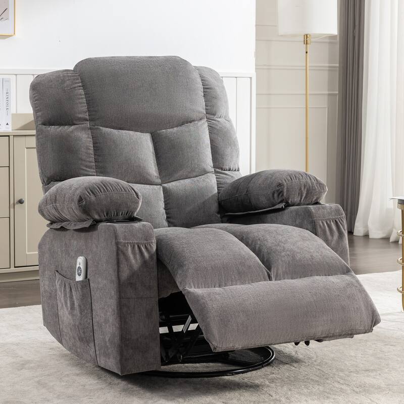 Grey Oversized Rocker Recliner Chair with Vibration Massage, Heating, USB Port, Dual Cup Holders, and Side Pockets