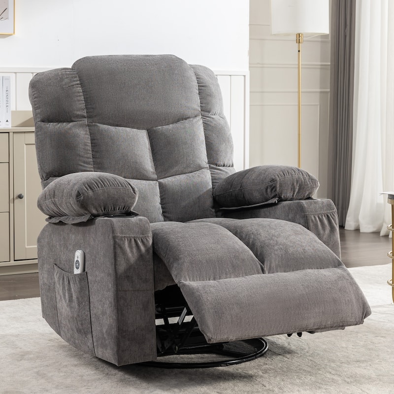 Grey Oversized Rocker Recliner with Heat, Massage, Two Cup Holders, USB Charging, 150° Recline, and 30° Rocking Motion