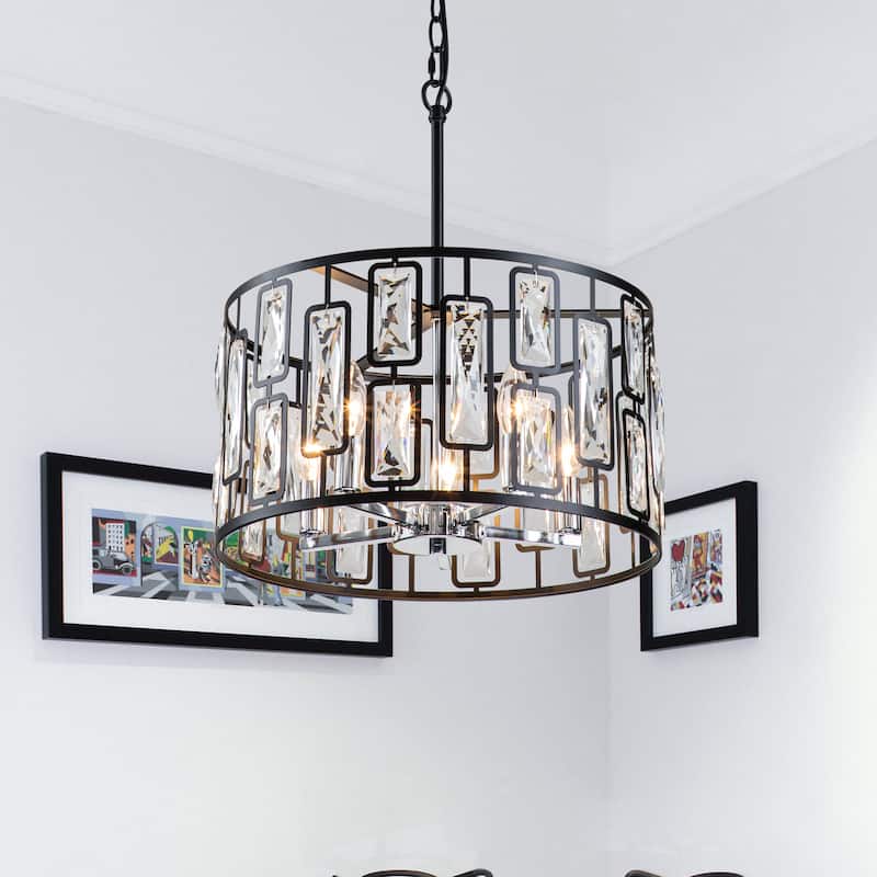 C Cattleya 5-Light Black Crystal Drum Chandelier with Chrome Accents - W16.25"xL16.25"xH19.75"