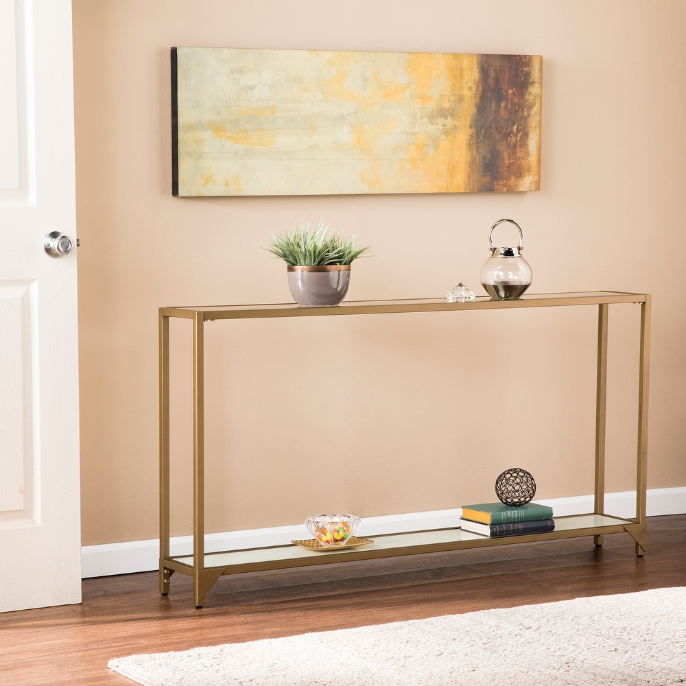 Silver Orchid Grant Wall-hug Goldtone Metal and Glass Console Table