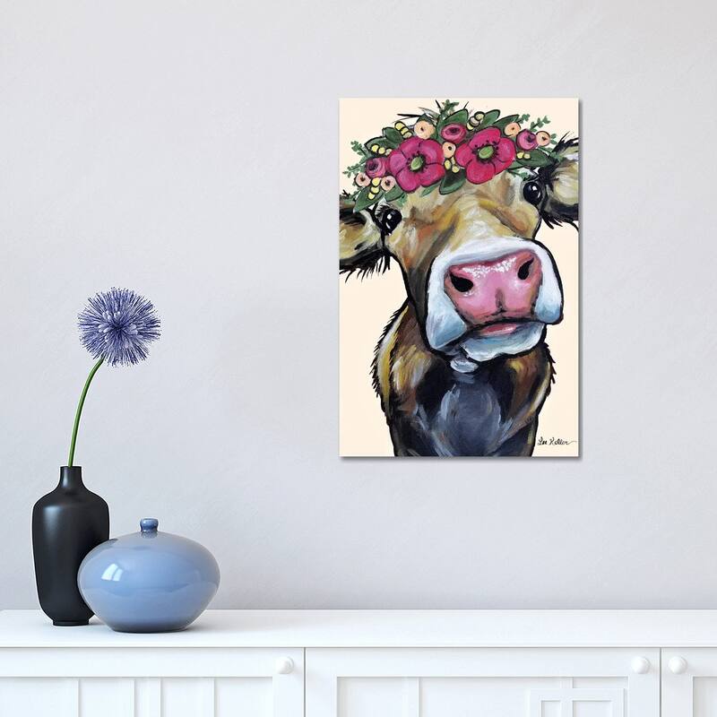 iCanvas "Hazel The Cow Flower Crown On Cream" by Hippie Hound Studios Canvas Print - 18x12x1.5