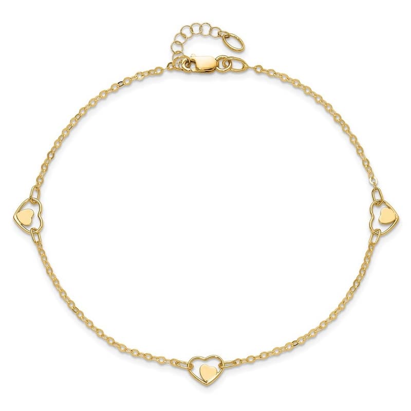Curata 14k Yellow Gold 9+1" Polished Double Hearts Station Anklet (Lobster)