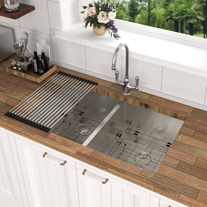 Undermount 16 Gauge Double Bowl Stainless Steel Kitchen Sink in Brushed Nickel - 33'' x 19'' x 9''