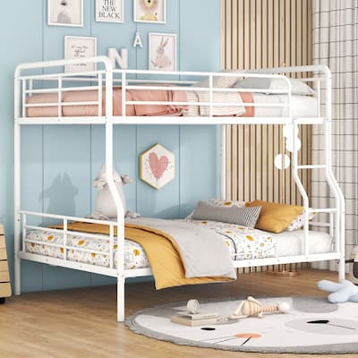 Full XL Over Queen Metal Bunk Bed with Ladder & High Guardrail, Heavy-Duty Metal Bunk Bed Dormitory Apartment Iron Frame Bed