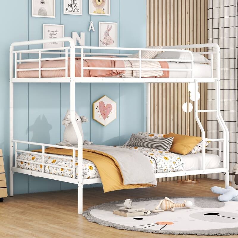 White Full XL Over Queen Iron Bunk Bed with Chrome Finish - White