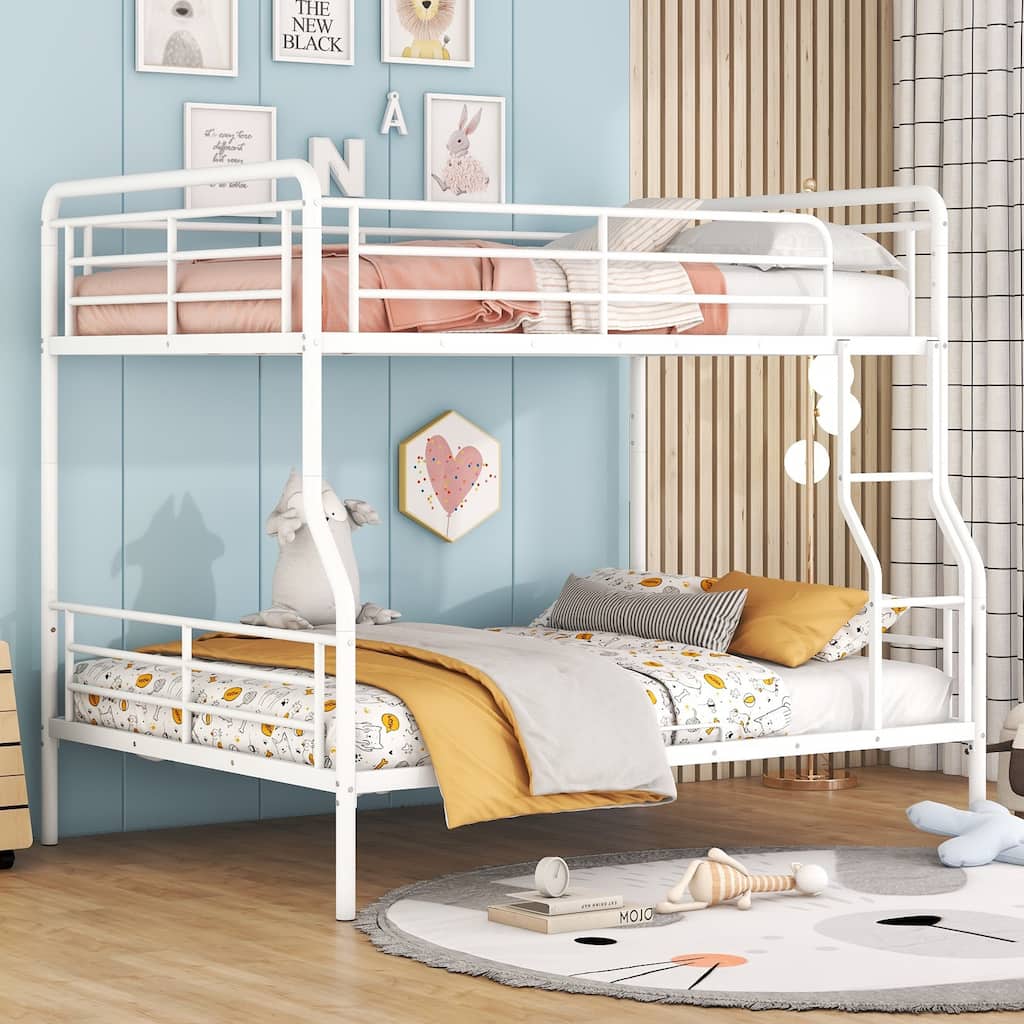 White Full XL Over Queen Iron Bunk Bed with Chrome Finish