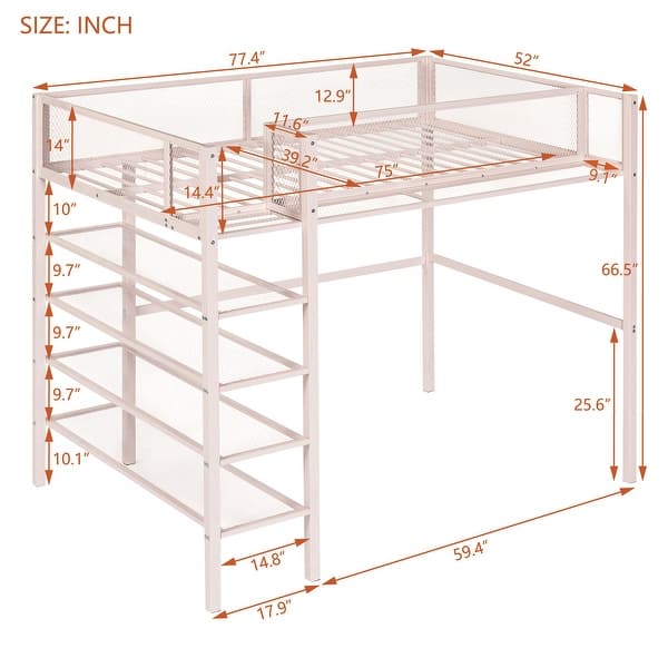 dimension image slide 1 of 3, Artsy Twin Size Metal Loft Bed with 4-Tier Shelves and Storage, Pink