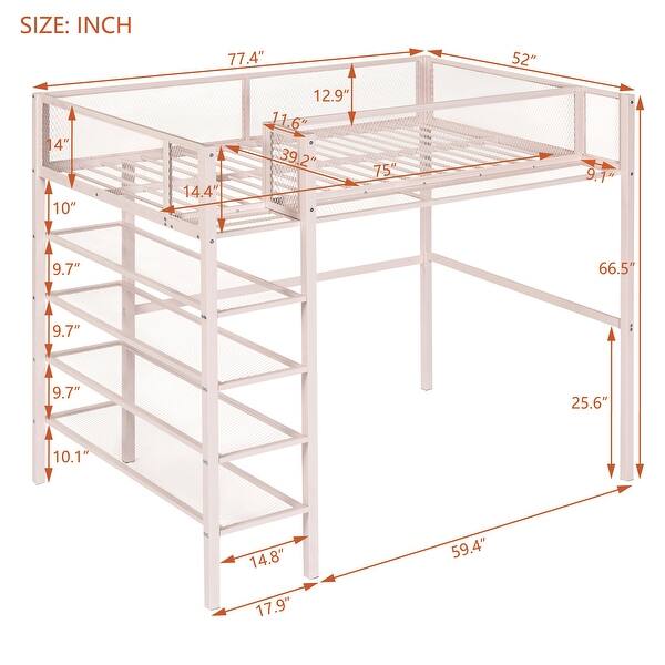 dimension image slide 1 of 3, Modern Style Twin Size Metal Loft Bed with 4-Tier Shelves and Storage, Creative Structure, Storage Space, Good Stability, Pink