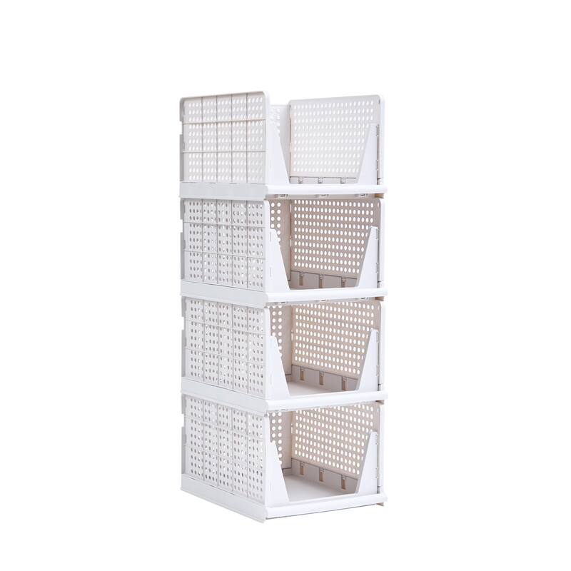 Javlergo 4 Pack Stackable Plastic Storage Basket XL-Size Foldable Closet Organizers and Storage Bins Drawer Shelf - 4-Tier - 4-Tier - White