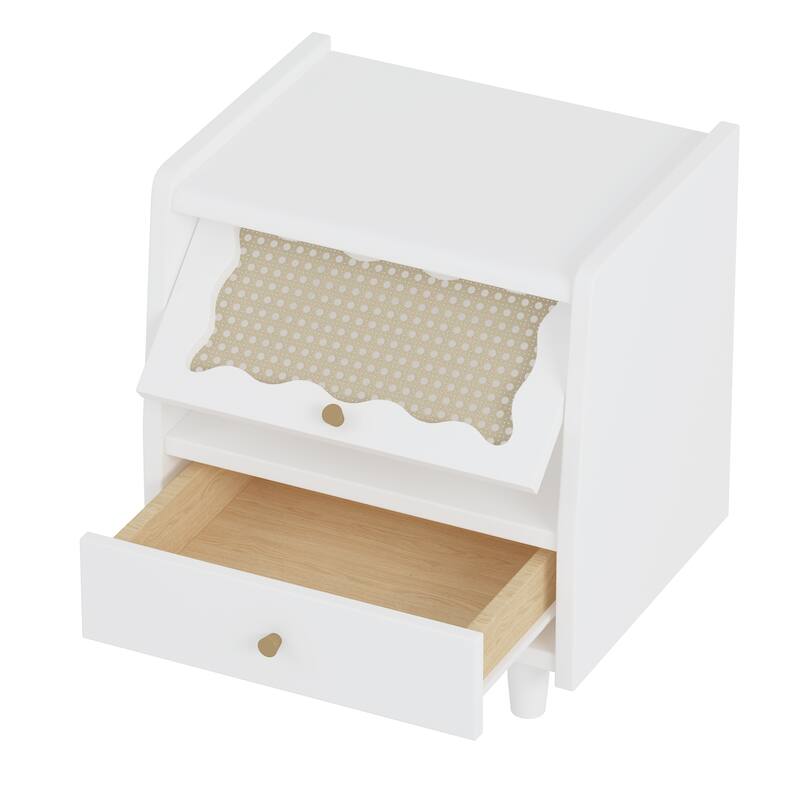 Wooden Nightstand with Flip-Top Cabinet and 1 Drawer, Bedside Tables with Rattan-Woven Storage Cabinet, for Bedroom