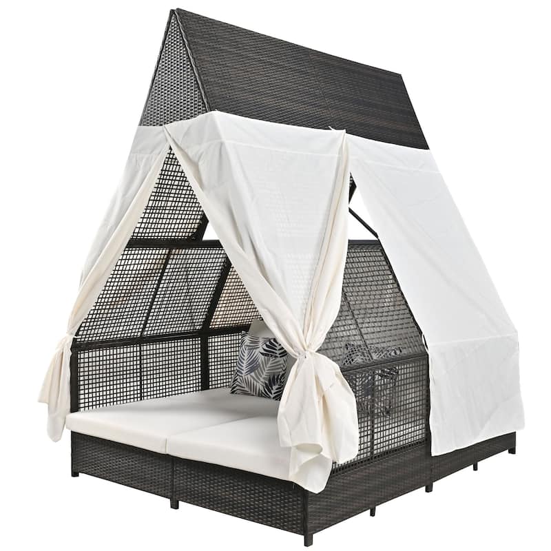 Outdoor Patio Rattan Daybed Sunbed with Triangle Tent, Adjustable Backrest, and Curtains