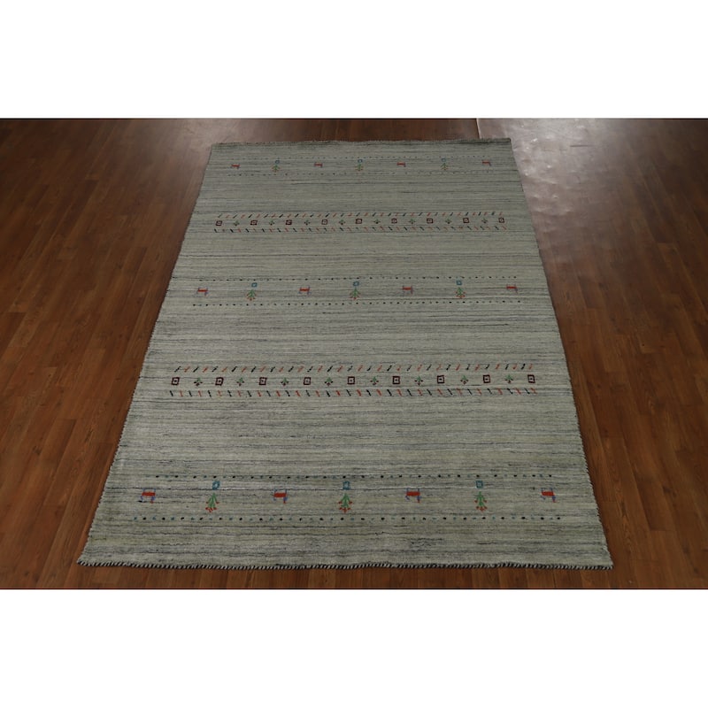 Gabbeh Indian Area Rug Handmade Striped Green Wool Carpet - 5'6" x 8'0"