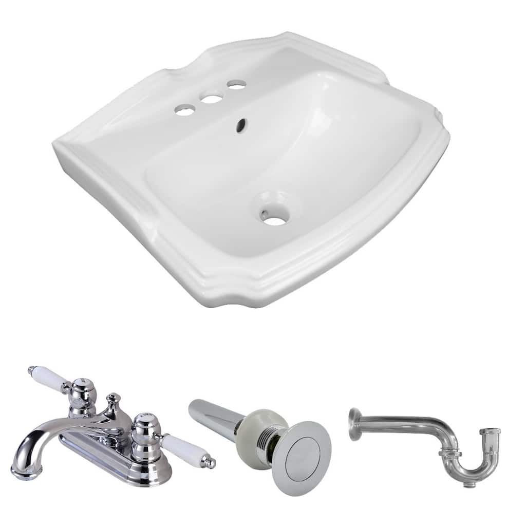White Small Sink Wall Mount with 4" Center Set Faucet , Sink Drain With Overflow and P Trap