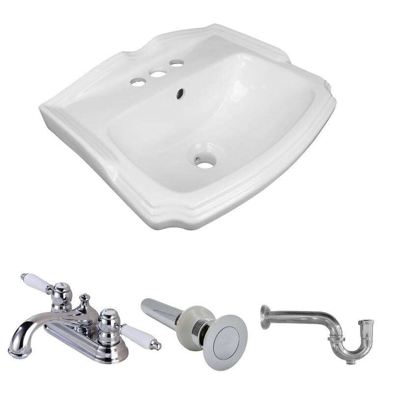 White Small Sink Wall Mount with 4" Center Set Faucet , Sink Drain With Overflow and P Trap