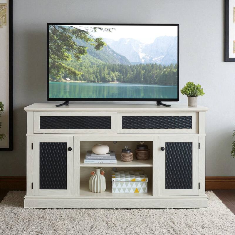 58.27" Embossed Pattern TV Stand for TVs up to 65", Sliding Door Media Console with Cabinets, Open Shelf, 8 Cable Cutouts - White