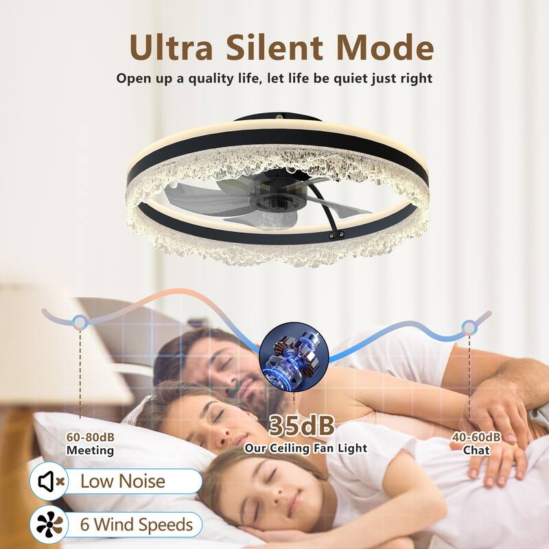 LunaDrift 16"20"24" Modern Black Crystal Smart Flush Mounted Ceiling Fan with Light, Dimmable Bedroom Ceiling Fan w/Remote