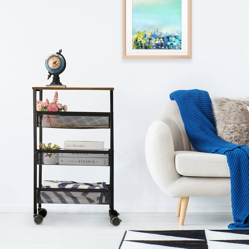 Kitchen Storage Rolling Cart, 4-Tier Kitchen Island Cart on Wheels with Wooden Shelves, Lockable Utility Cart with Mesh Baskets