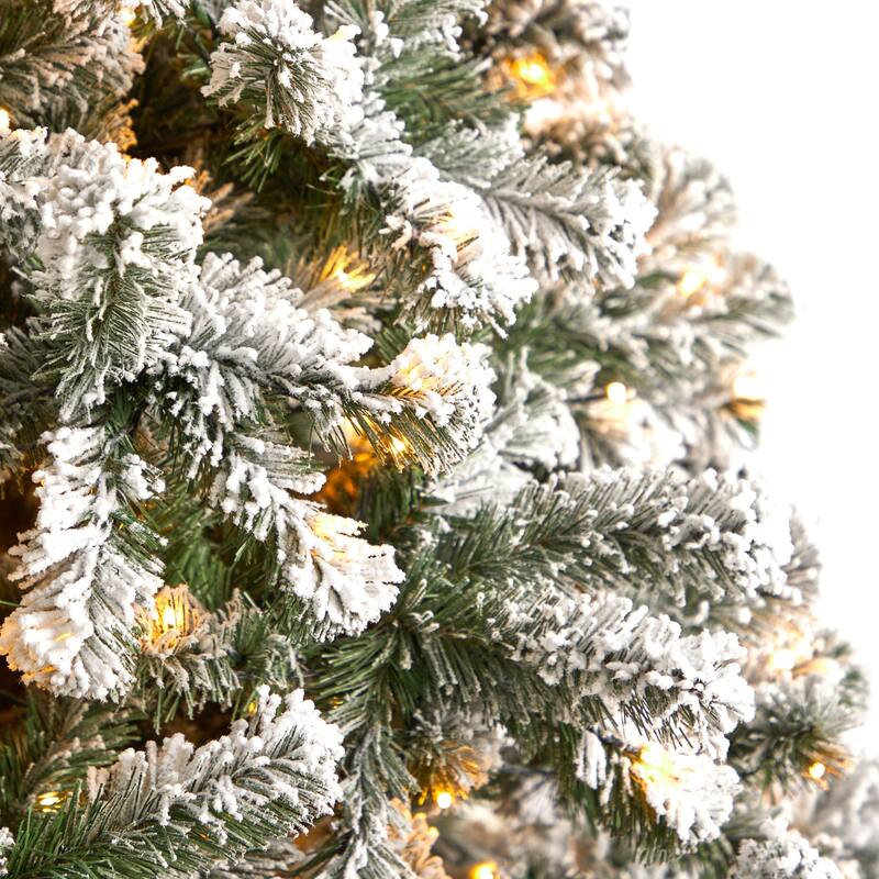 9ft. Flocked Fir Artificial Christmas Tree with 650 Clear LED Lights and 1320 Branches - Snowy Holiday X-Mas Showpiece