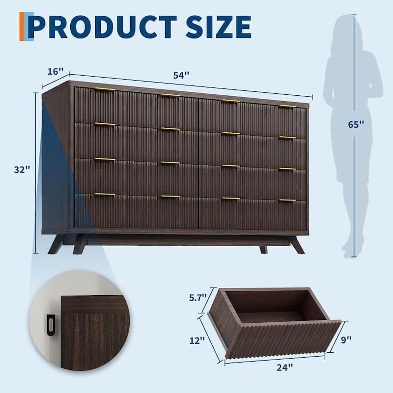 54" Wide Modern Curved Profile Fluted Dresser with 8 Drawers