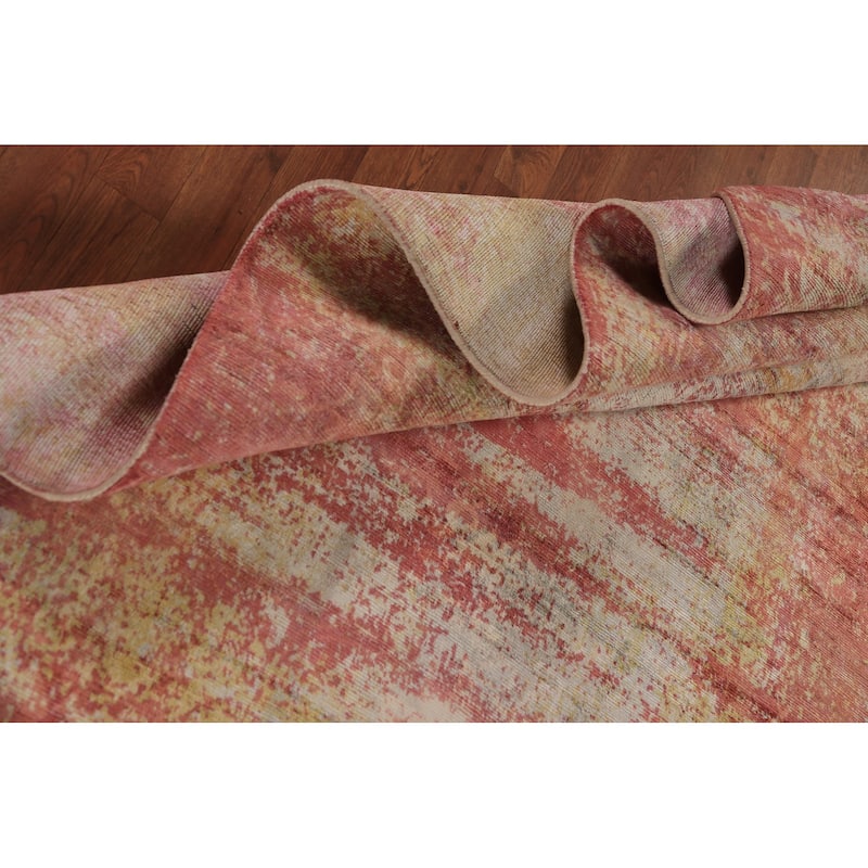 Contemporary Abstract Indian Area Rug Hand-Knotted Orange Wool Carpet - 9'0"x 11'8"