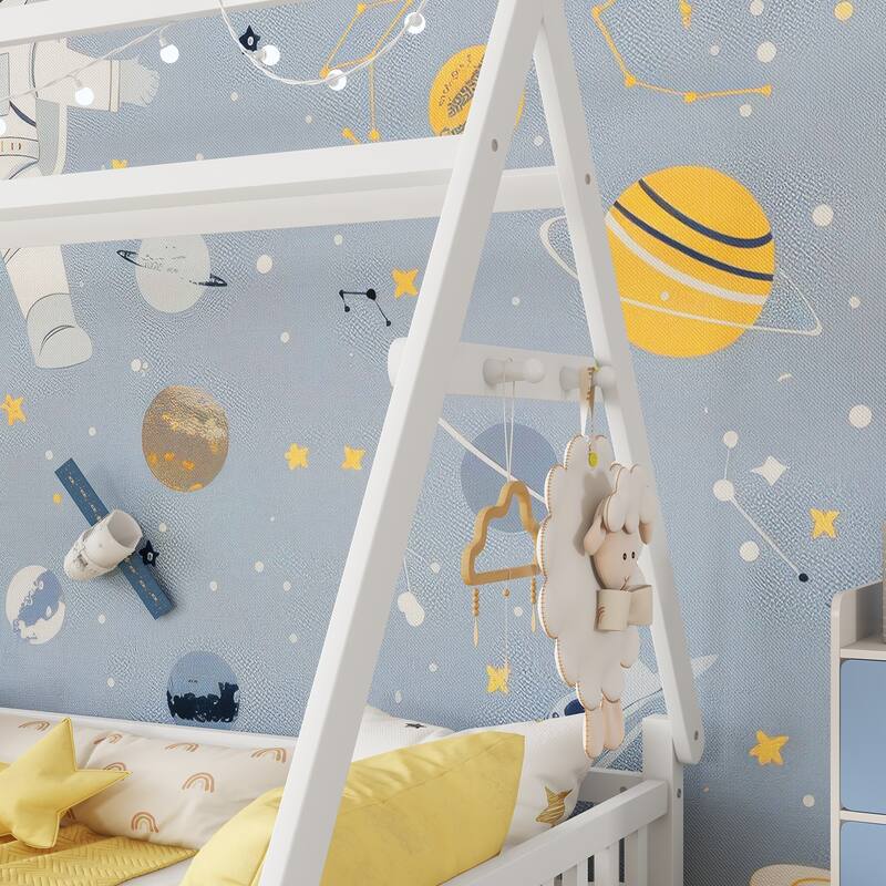 Twin House Bed with Light, Low Floor Design, Fence and Roof for Kids, White