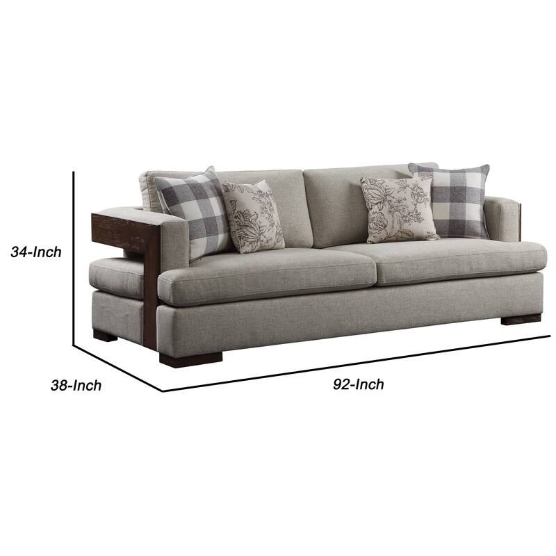 Wooden Sofa with 4 Accent Pillows and Wide Block Legs, Beige