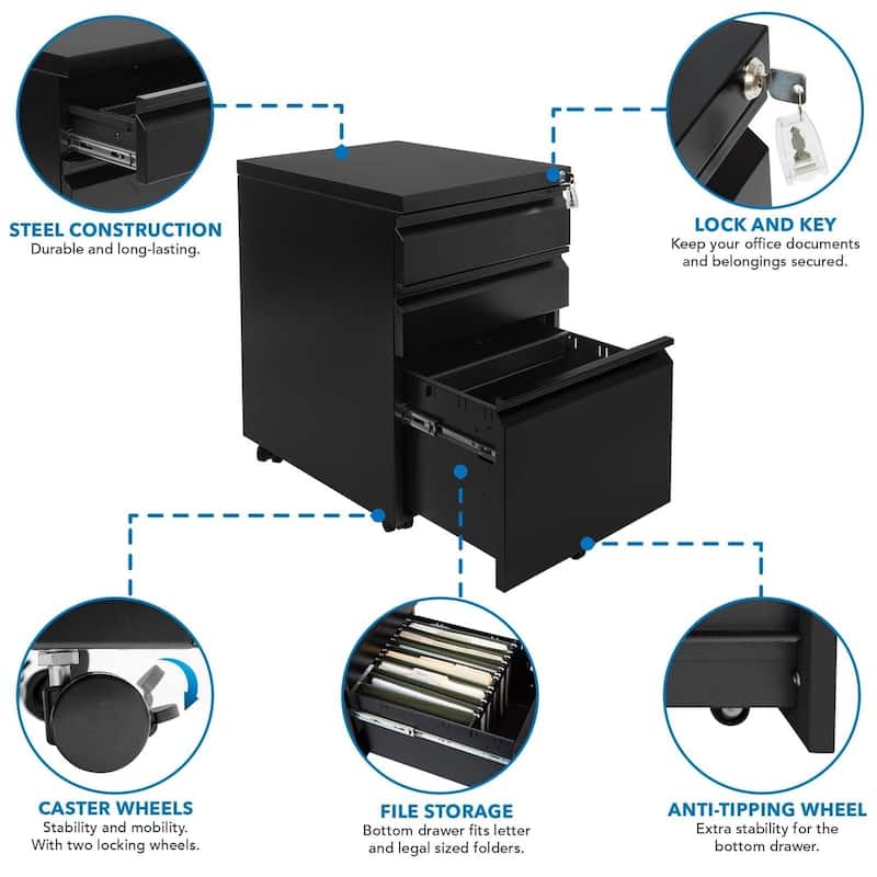 Mount-It! Mobile File Cabinet with 3 Drawers | Black