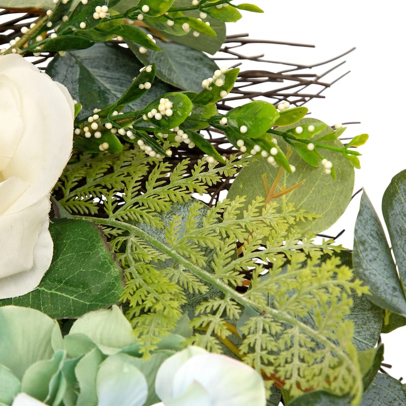Hydrangea Rose Geranium Artificial Floral Spring Wreath White Blue 24"